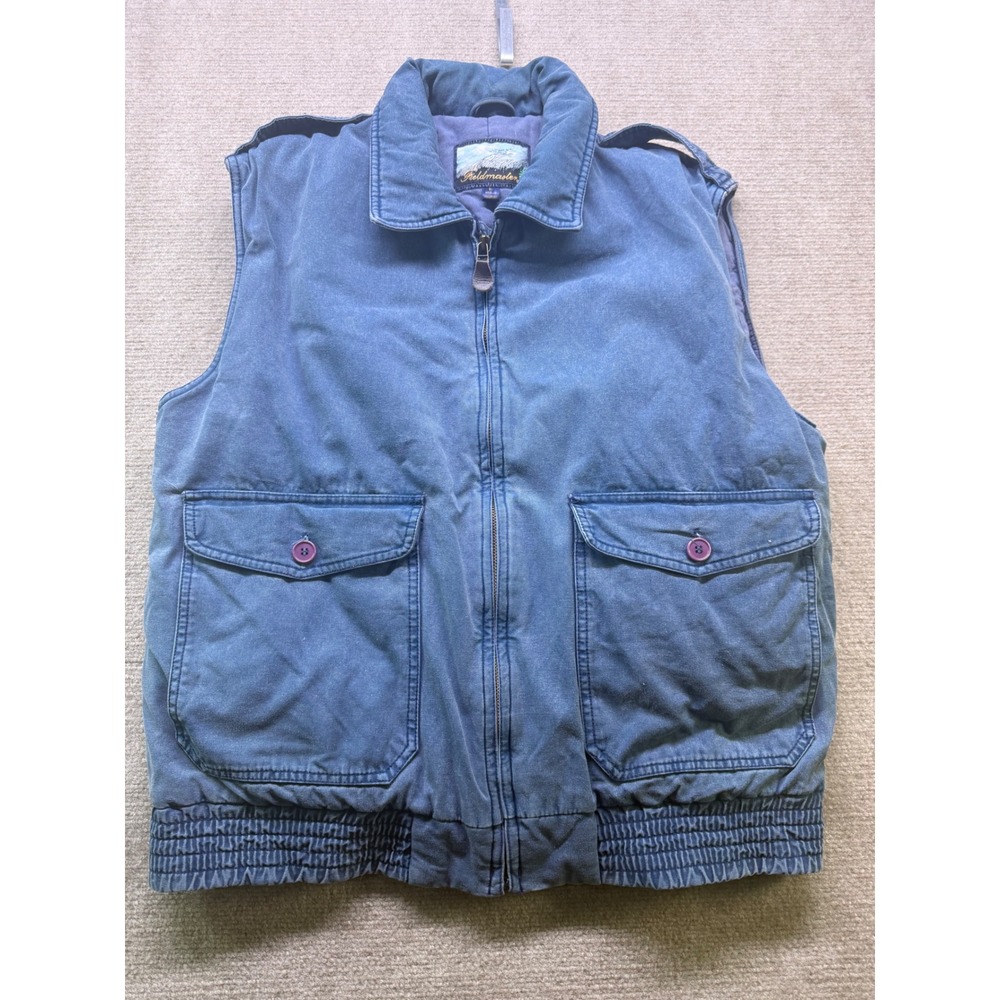 Fieldmaster Canvas Utility Vest Mens Large Blue Good Vintage Zip Cargo Pockets
